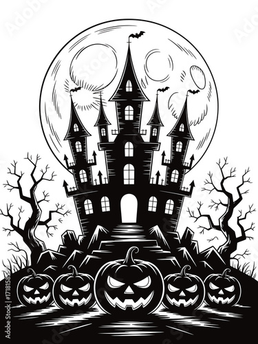 Haunted castle with jack o lanterns and full moon