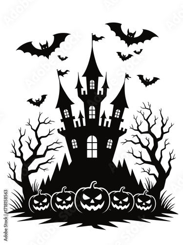 Spooky halloween castle with pumpkins and bats silhouette