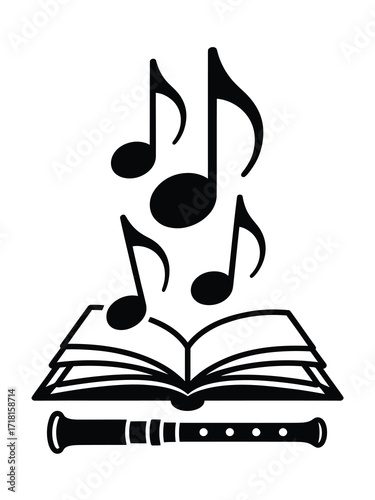 Musical notes flowing from open book above recorder instrument