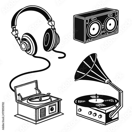 Retro audio devices and headphones illustration gramophone