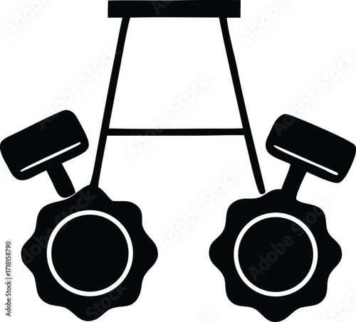 Stylized silhouette of a v-twin engine cylinder pair connected to a frame representing mechanical engineering and power