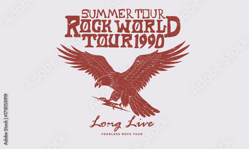 Music summer tour. Rock and roll graphic print design for apparel, stickers, posters and background. Eagle fly vector artwork design for shirt and others.