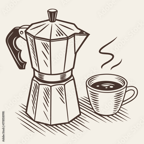 Vintage moka pot and cup of coffee