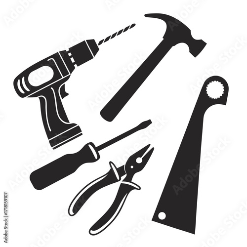 Set of black silhouettes of construction and repair tools Keywords: tools, drill, hammer, pliers