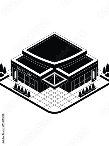 Modern isometric building with trees and paved entrance