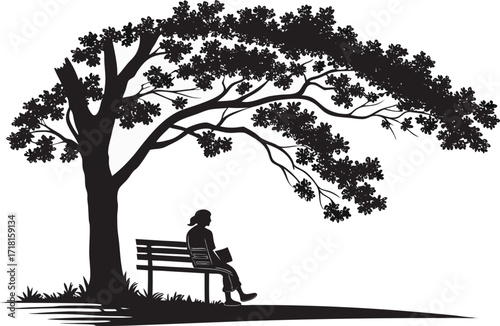 Silhouette of a person sitting on a bench under a large tree