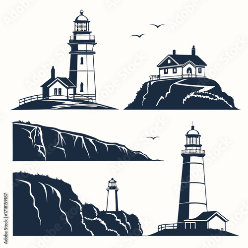 Set of four lighthouse illustrations with coastal scenery Keywords: lighthouse, coast, sea