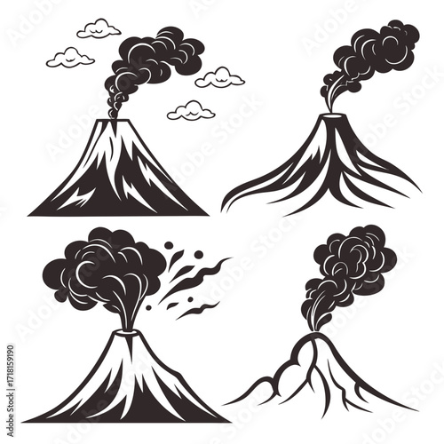 Set of Four Stylized Volcano Eruption Illustrations