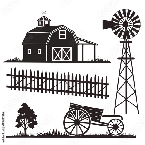 Silhouette Farm Elements with Barn Windmill and Wagon Keywords: farm, barn, windmill, wagon