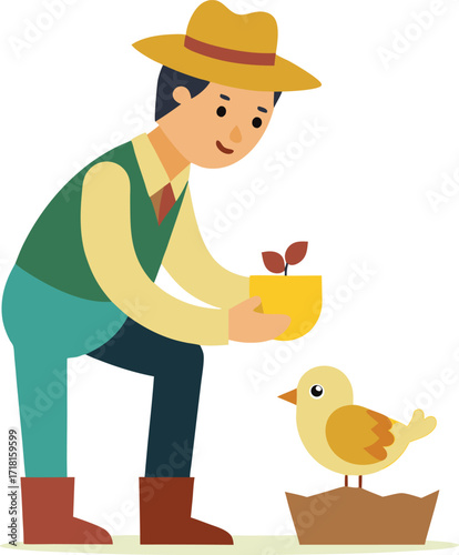 Farmer with Plant and Bird Illustration for Agriculture and Nature Concepts