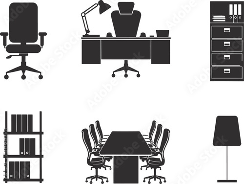 Office furniture vector set icons, chair, desk, lamp, meeting table, cabinet, bookshelf, workplace silhouette illustration