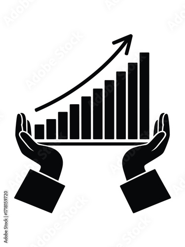 Hands holding a growing business bar chart with upward arrow
