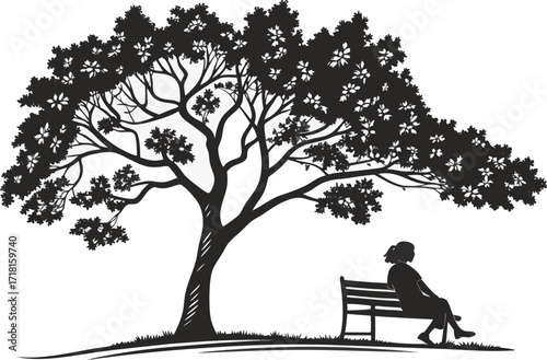 Silhouette of a person sitting on a bench under a large tree