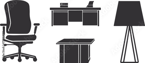 Office furniture vector set icons, chair, desk, lamp, meeting table, cabinet, bookshelf, workplace silhouette illustration