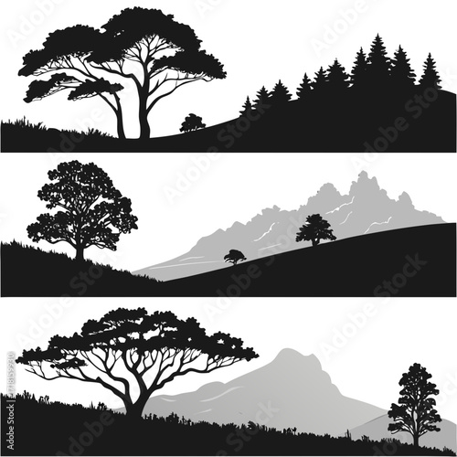 Silhouetted trees and mountain ranges in panoramic views