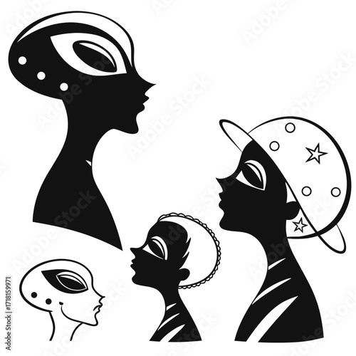 Silhouettes of alien and human profiles with decorative elements
