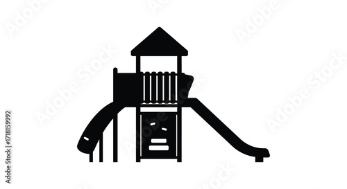 Simple black and white illustration of a playground structure with a slide