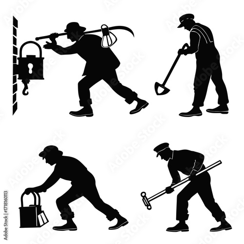 Silhouettes of Men Performing Various Tasks workers