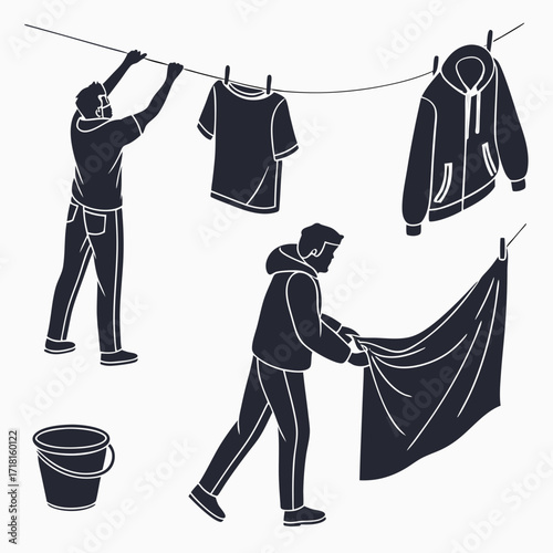 Silhouettes of men hanging clothes and a bucket on a clothesline