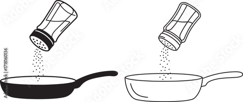 Salt and pepper shakers pouring seasoning onto pans silhouette