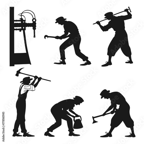 Silhouettes of Men Working with Tools workers farming