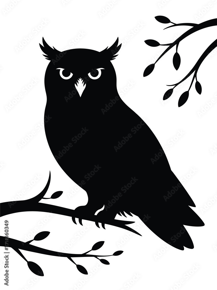 Fototapeta premium Silhouette of a great horned owl perched on a bare tree branch