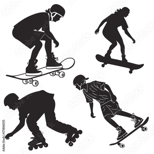 Silhouettes of People Skateboarding and Roller Skating Keywords: skateboarding, roller skating
