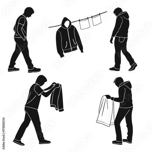 Silhouettes of people with clothes and a clothesline