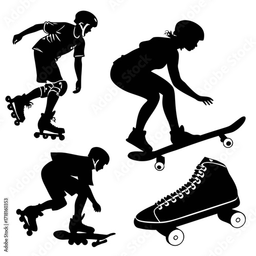 Silhouettes of Skaters and Skateboarders with Roller Skates