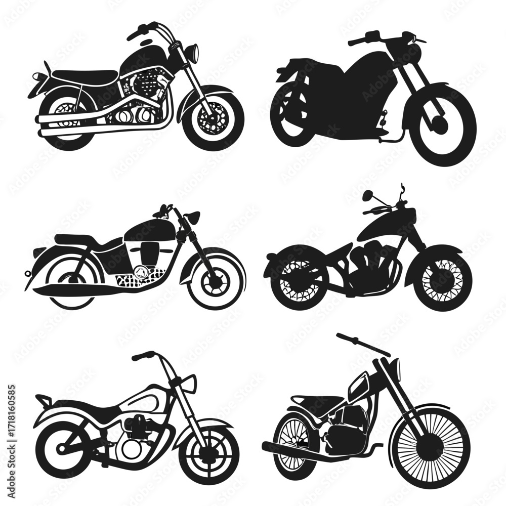 Obraz premium Six Motorcycle Silhouettes in Black and White motorbike