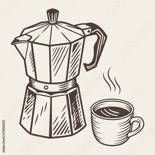 Elegant moka pot and cup of coffee art