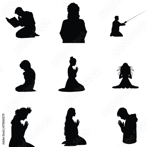 Collection of diverse silhouette figures showcasing activities like reading fishing praying and contemplation against a white background image