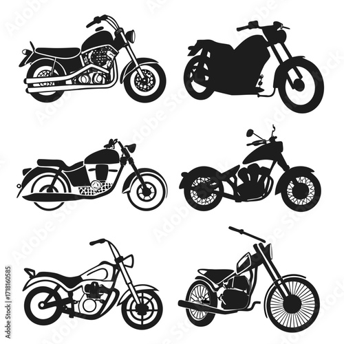 Six Motorcycle Silhouettes in Black and White motorbike
