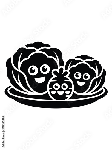 Cute cartoon vegetables with happy faces on a plate