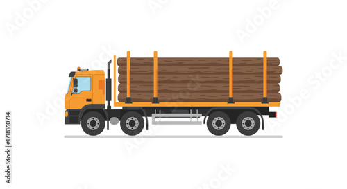Orange logging truck carries a full load of brown timber logs