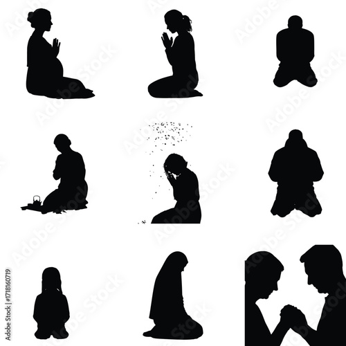 Silhouettes of people praying and meditating in various poses expressing faith hope and spirituality on a white background for design elements