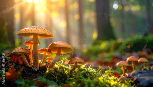 Forest mushrooms bathed in sunlight (1)