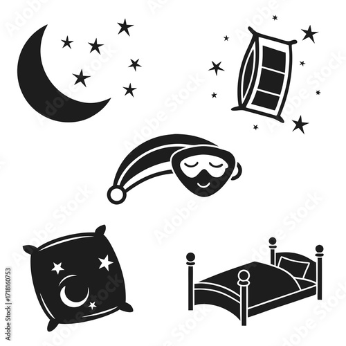 Sleep icons with moon stars pillow bed and sleeping mask