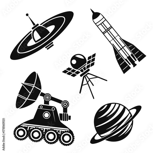 Space exploration icons with rocket satellite and planet