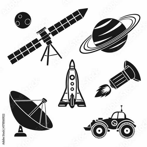 Space exploration icons with rocket telescope and rover