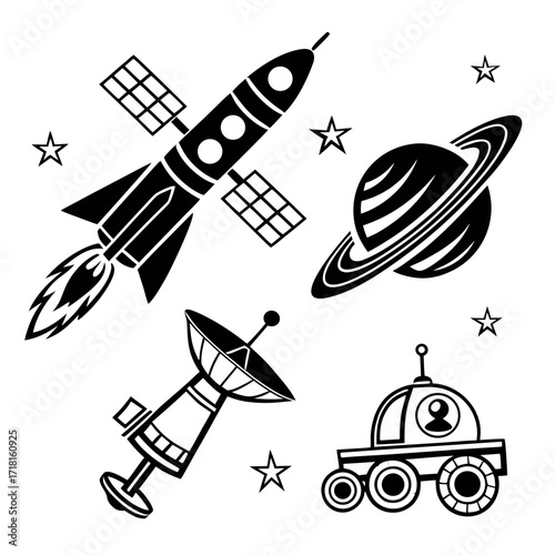 Space icons including rocket planet satellite and rover