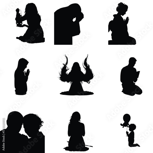 Diverse silhouettes showcase prayer reflection and connection capturing moments of faith love and childhood innocence in black and white
