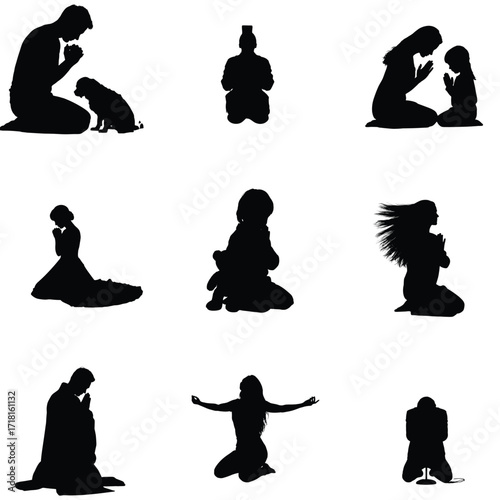 Collection of silhouettes depicting people in prayer meditation and worship showcasing faith spirituality and devotion in various poses