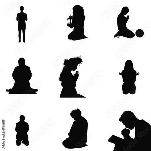 Diverse group of people in silhouette praying meditating and reflecting on a white background offering a sense of peace and spirituality