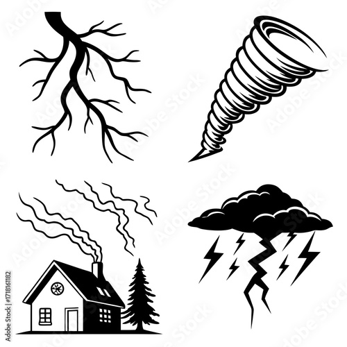 Storm and natural disaster illustrations in black silhouette Keywords: storm, tornado, lightning