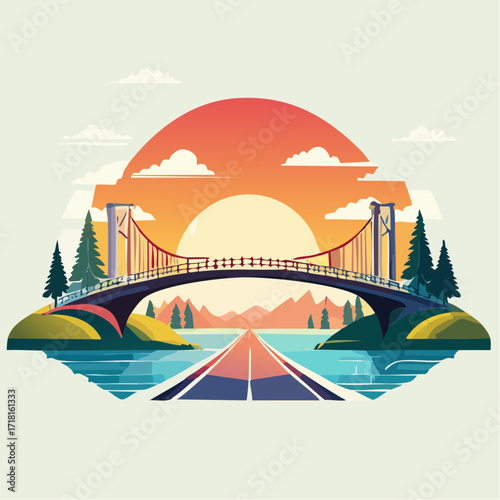 A vibrant illustration of a suspension bridge spanning across a body of water with a scenic sunset and mountains in the background.