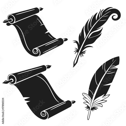 Stylized quill pens and scrolls in black silhouette Keywords: quill pen, feather, scroll