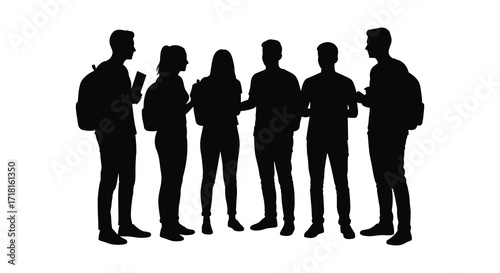 Group of people standing together in a silhouette against a white background