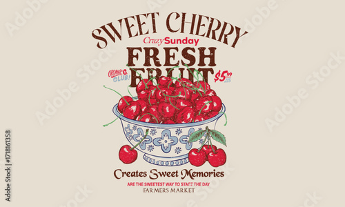 Cherry bowl drawing. Cherry fruit print. Cherry love. Organic food artwork for for t-shirt.