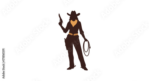 Silhouette of a western cowgirl holding guns and a lasso rope